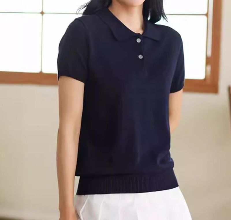 レディース ポロシャツ 上品ニット素材の襟付き半袖ポロシャツ