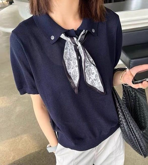 レディース ポロシャツ スカーフ付きニット素材ポロシャツ
