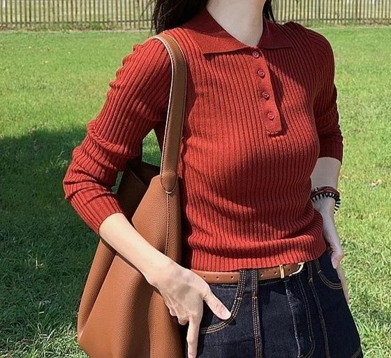 レディース ポロシャツ リブ編み襟付き長袖ニットポロシャツ