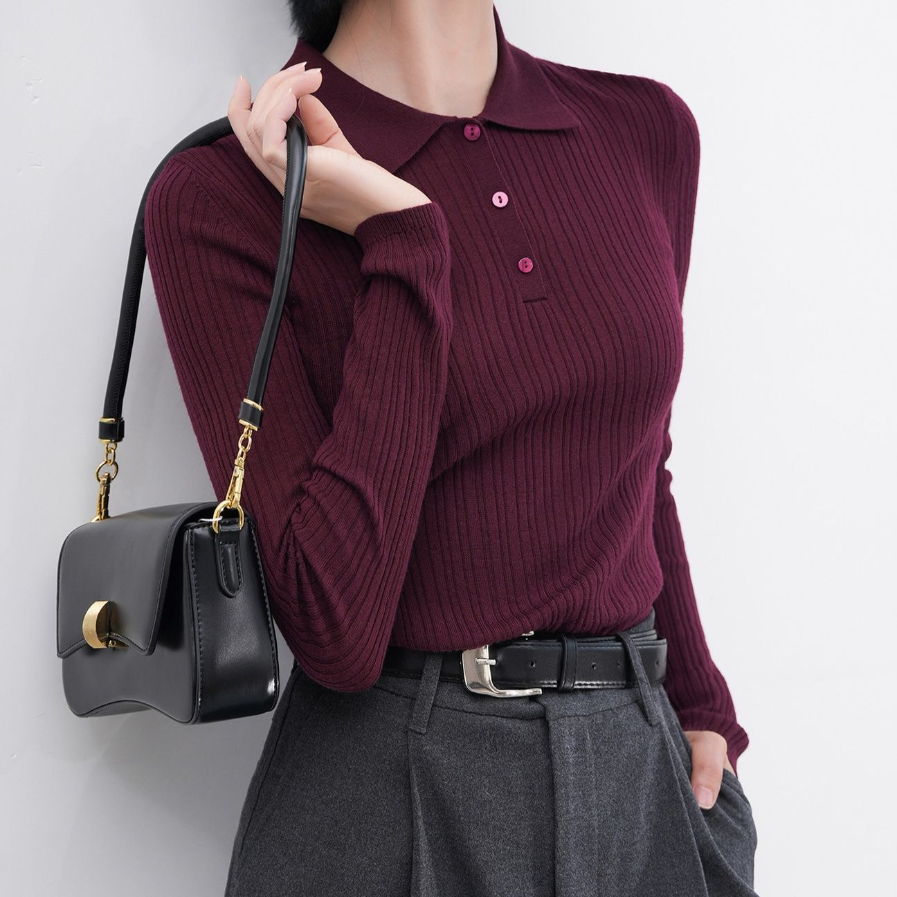 レディース ポロシャツ 縦リブ編み襟付き長袖ニットポロシャツ