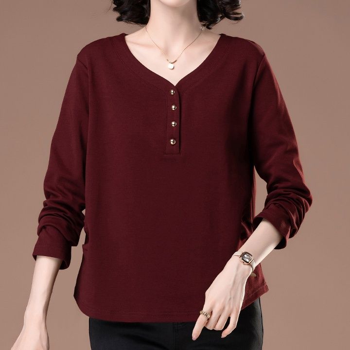 レディース ポロシャツ ブイネック釦デザイン長袖カットソー