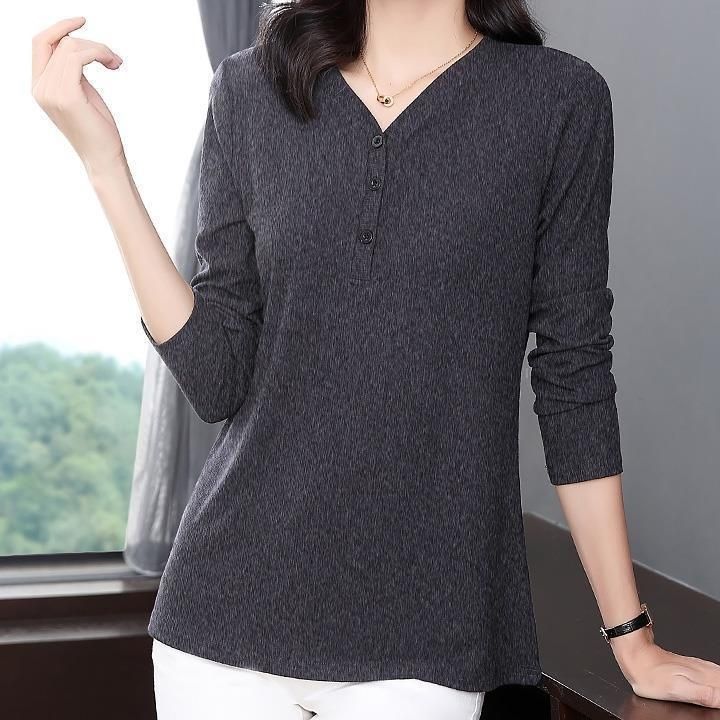 レディース ポロシャツ ゆったりシルエット上品なブイネックボタン付き長袖トップス