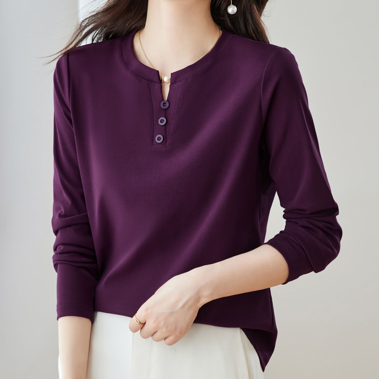 レディース ポロシャツ パール飾りボタン付き丸襟レディース長袖