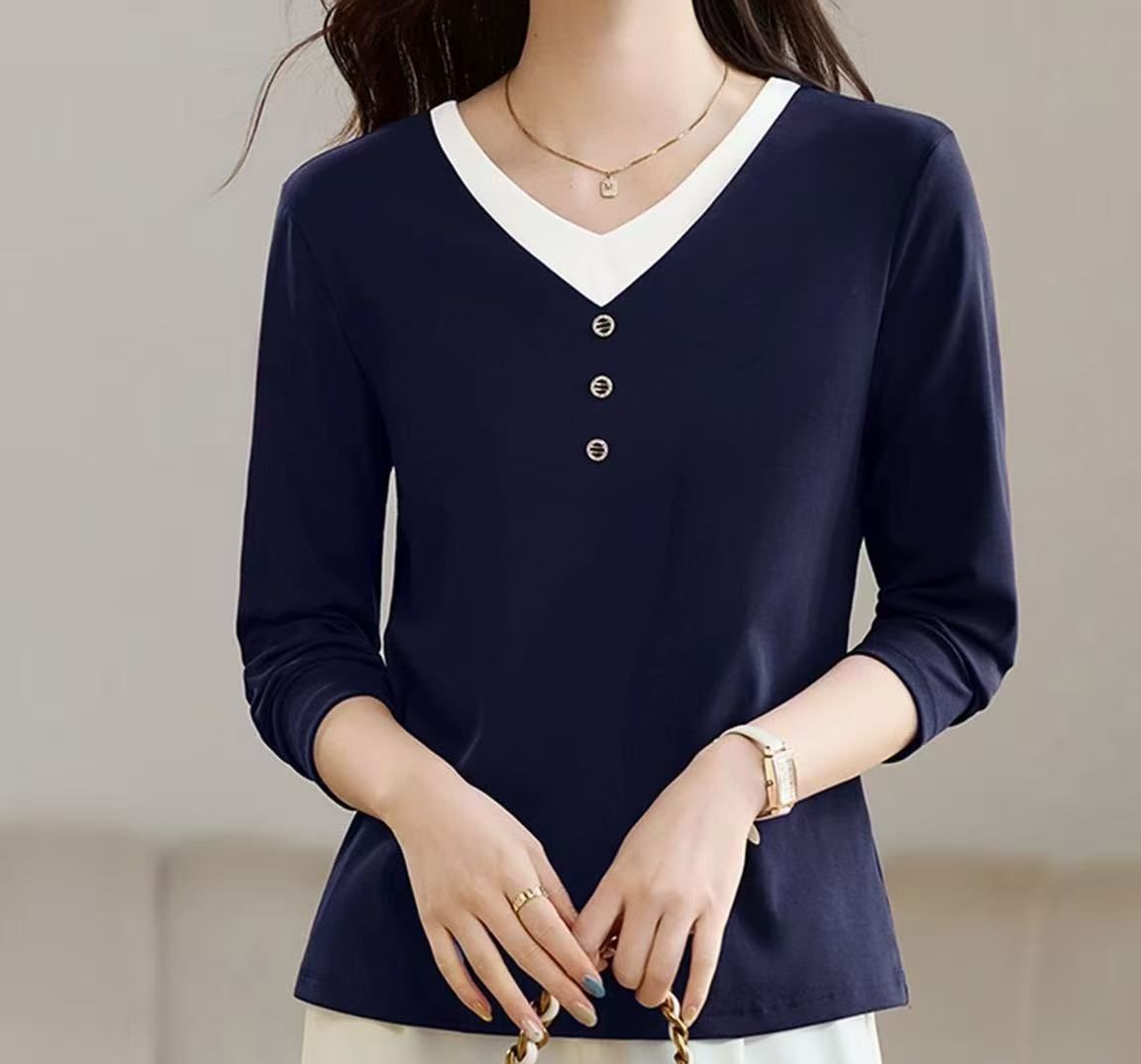 レディース ポロシャツ 配色襟デザイン長袖