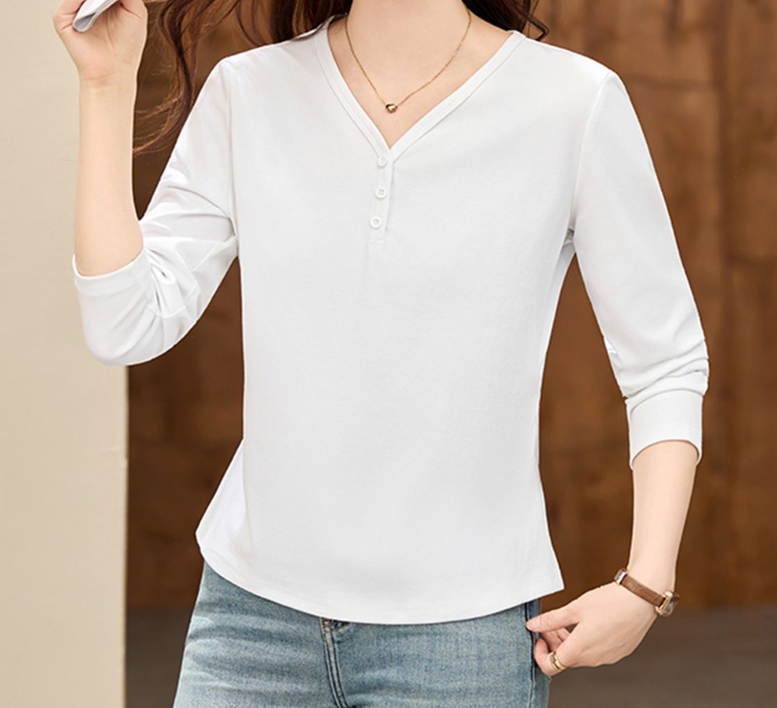 レディース ポロシャツ 上品なブイネックボタン長袖デザイン