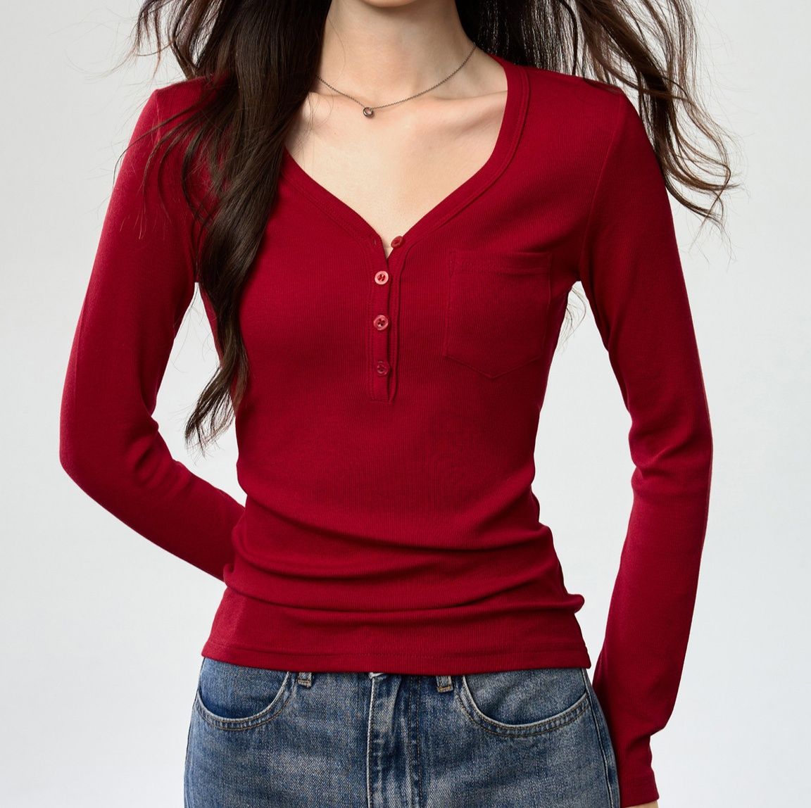 レディース ポロシャツ 胸ポケット付き深めブイネック長袖ポロシャツ