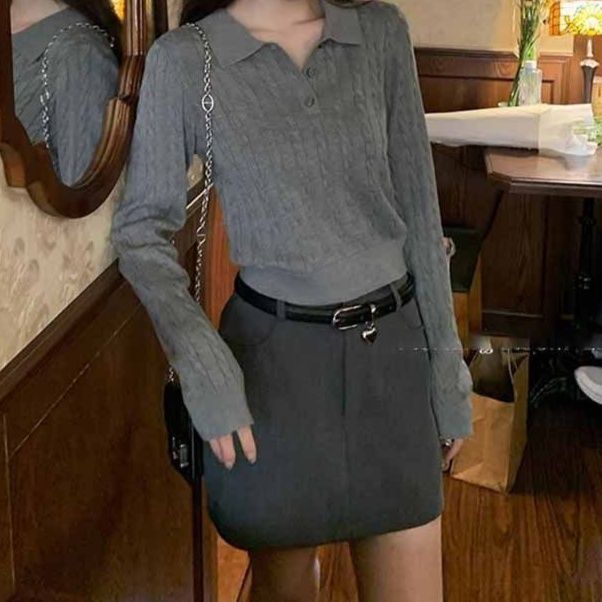 レディース ポロシャツ ケーブル編み襟付き長袖ニットポロシャツ