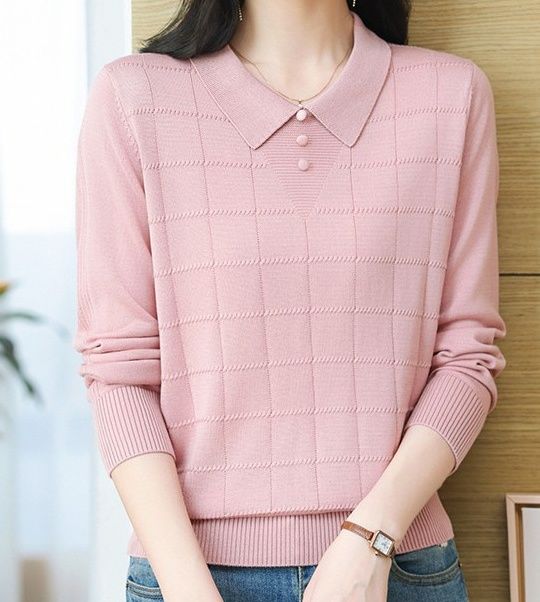 レディース ポロシャツ 襟付きチェック柄編み込みニットポロシャツ