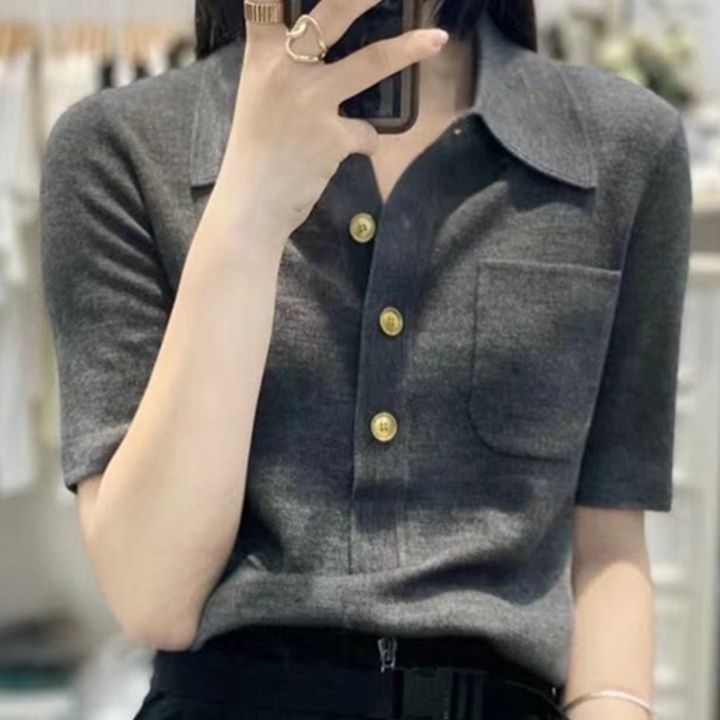 レディース ポロシャツ 胸ポケット付き半袖ニットポロシャツ