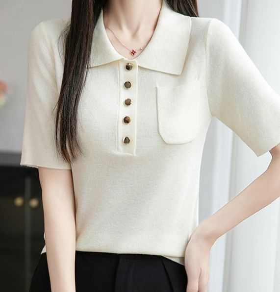 レディース ポロシャツ エレガントな襟付き半袖ニットポロシャツ