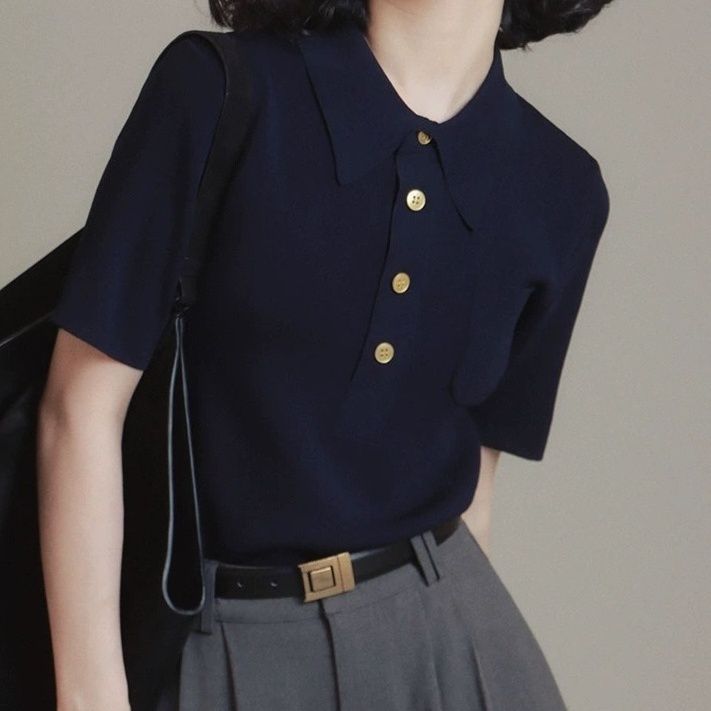 レディース ポロシャツ 上品ボタン使いきちんと見え半袖ポロシャツ