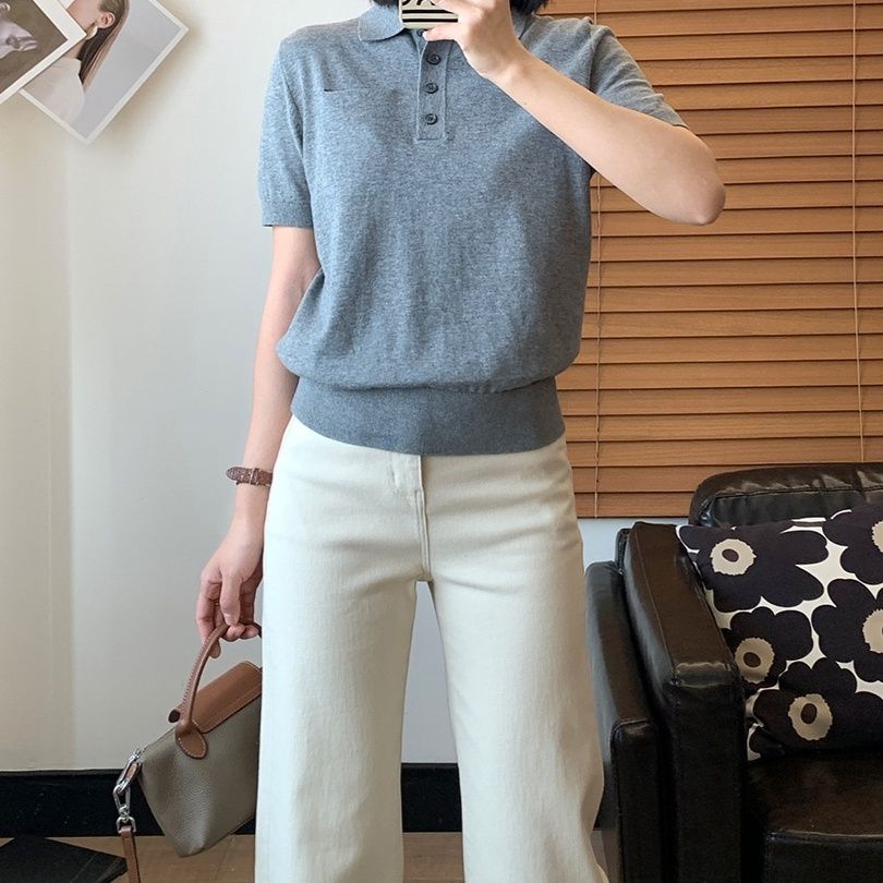 レディース ポロシャツ 襟付き半袖ニットポロシャツ裾リブデザイン