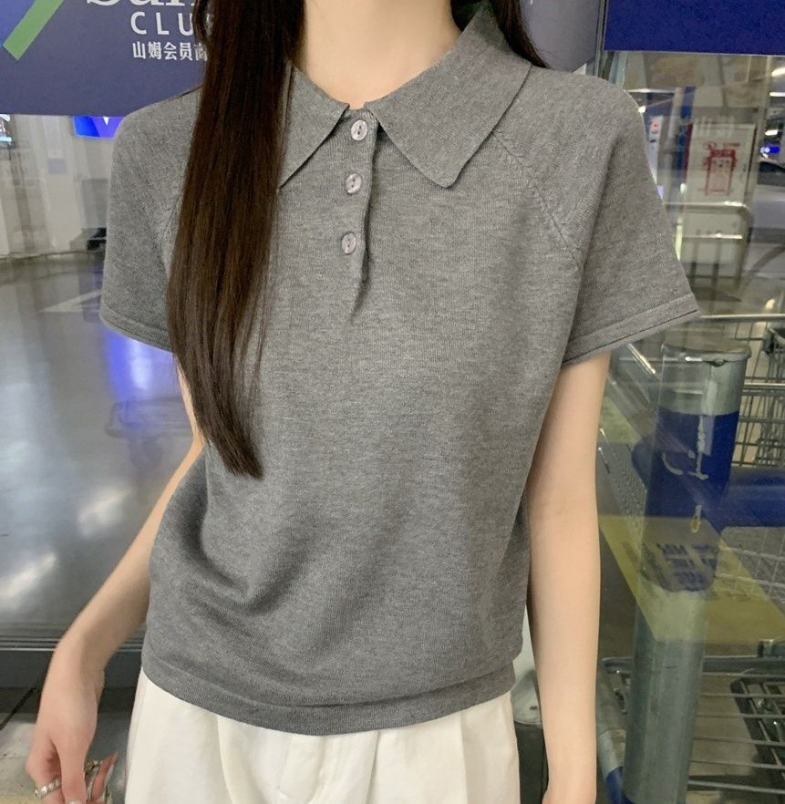 レディース ポロシャツ シンプルデザイン襟付きニットポロシャツ半袖