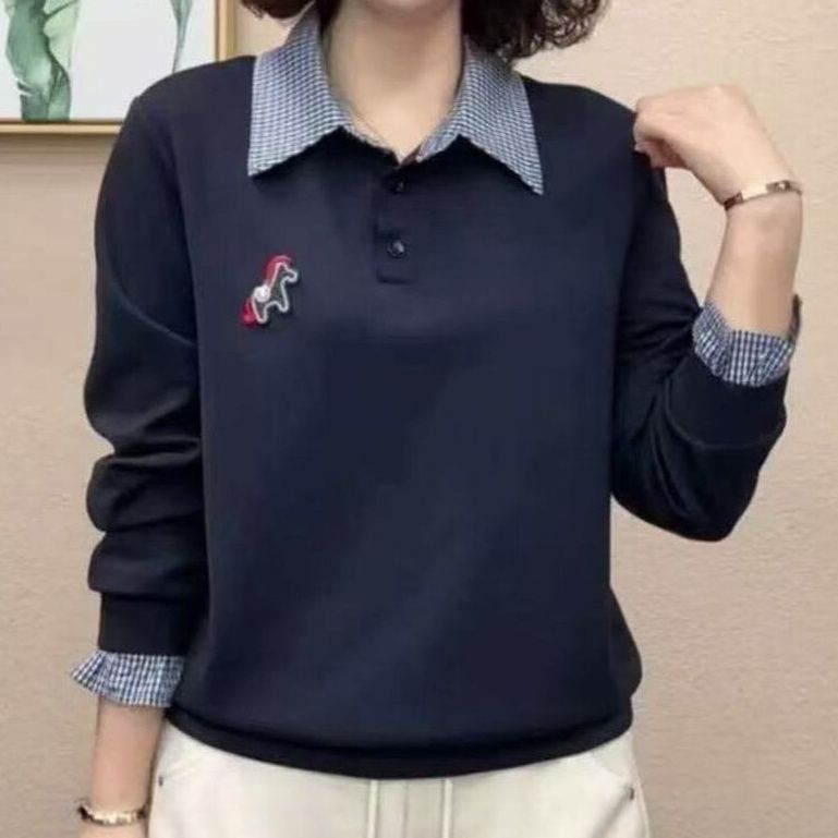 レディース ポロシャツ チェック柄切替え刺繍入り長袖ポロシャツ