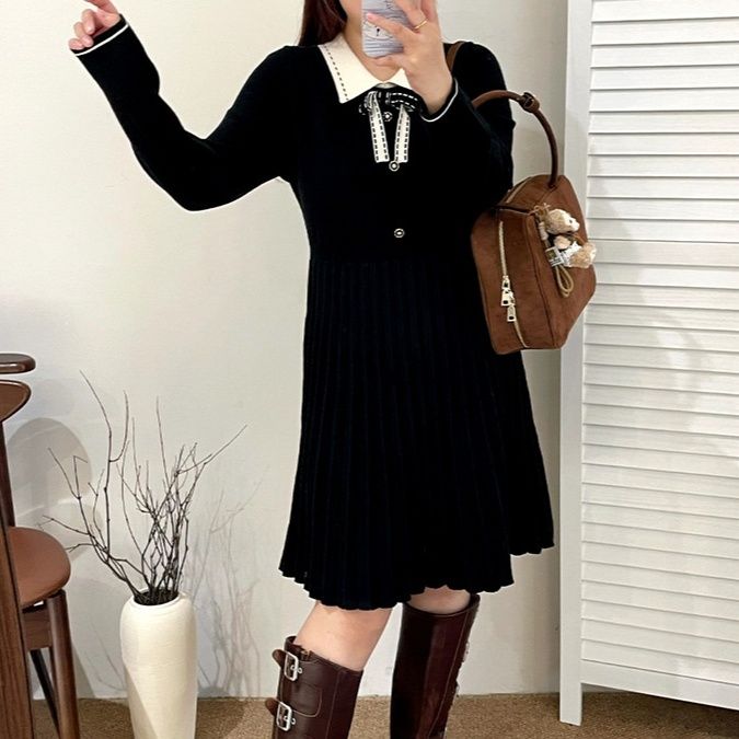 レディース ポロシャツ 衿リボン付きプリーツニットワンピース