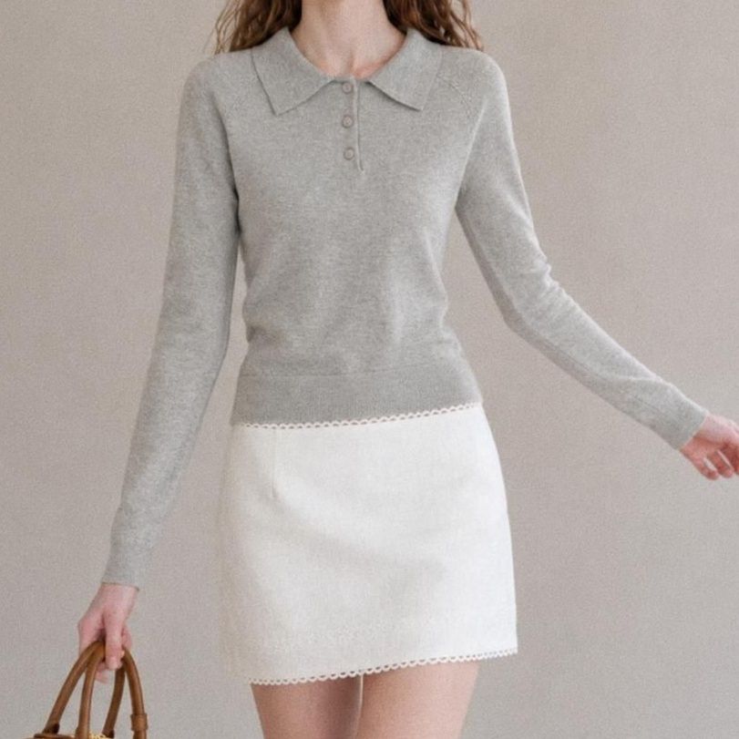 モチモチ触感 クラシカルポロニット レディース シャツカラー 長袖トップス 秋服 ゆったり 華奢見え 大人カジュアル