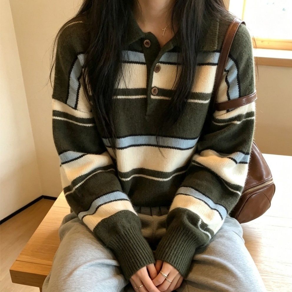 レトロカレッジ風 オリーブグリーンボーダーポロニット レディース ゆったり もちもち シャツカラー 秋冬 大人カジュアル