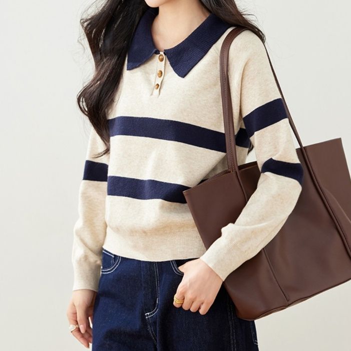 フレンチカジュアル バイカラーボーダーポロニット レディース シャツ襟 コンパクト丈 秋服 こなれ感 華奢見え