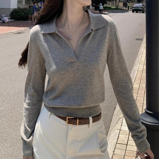 上品抜け感 スキッパー長袖ポロニット レディース ショート丈 セーター シャツ襟 華奢見え 秋冬物 大人カジュアル
