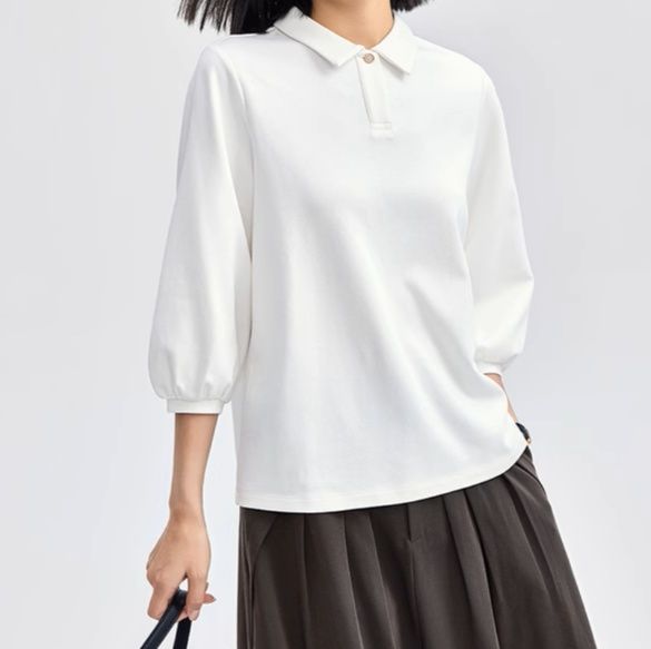 上品フェミニン ふんわり七分袖ポロシャツ レディース プルオーバー シンプル ゆったり 華奢見え きれいめ オフィス