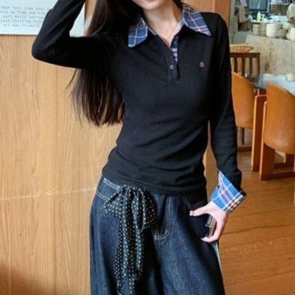 【きれいめカジュアル】 チェック切替ポロ襟長袖リブカットソー ─ 1枚でこなれる韓国デザイン。華奢見えフェイクレイヤード ─