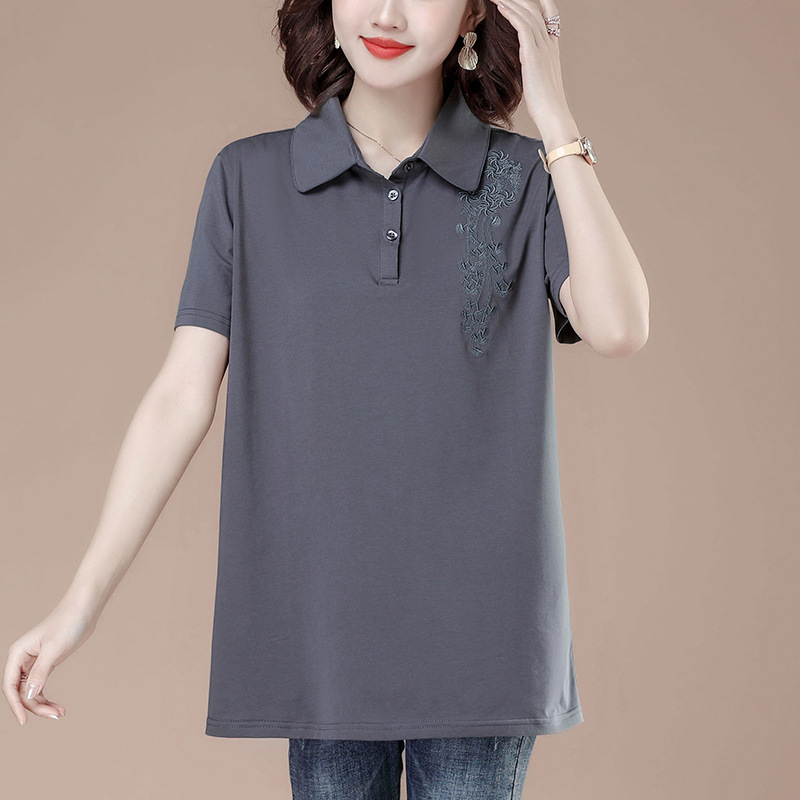 レディース ポロシャツ 花刺繍デザイン襟付きゆったりシルエットトップス