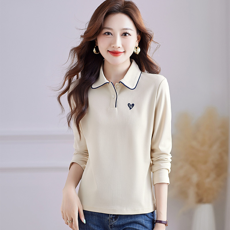 レディース ポロシャツ 襟配色パイピング刺繍ワンポイント長袖ポロシャツ