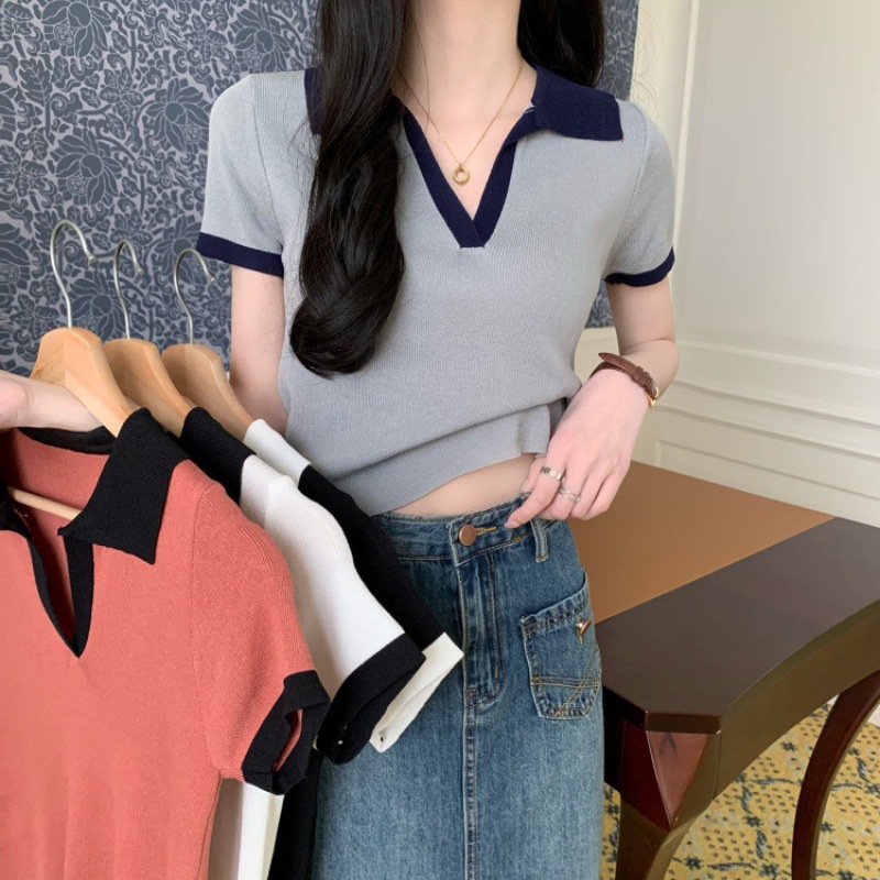 レディース ポロシャツ 配色デザイン襟付きニットポロシャツ半袖