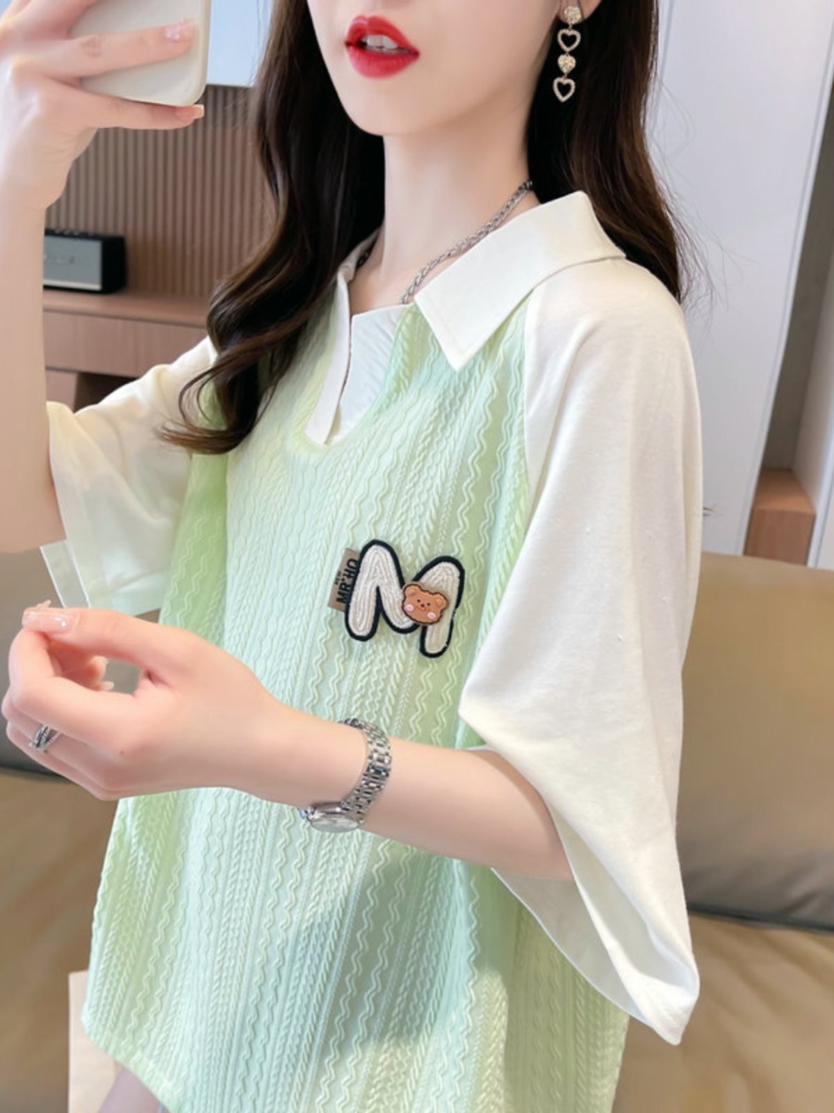 レディース ポロシャツ くまワッペン付き配色切替襟元デザイン半袖トップス