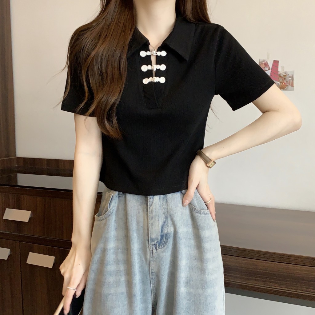 レディース ポロシャツ 編み上げデザインリブ素材襟付き半袖トップス