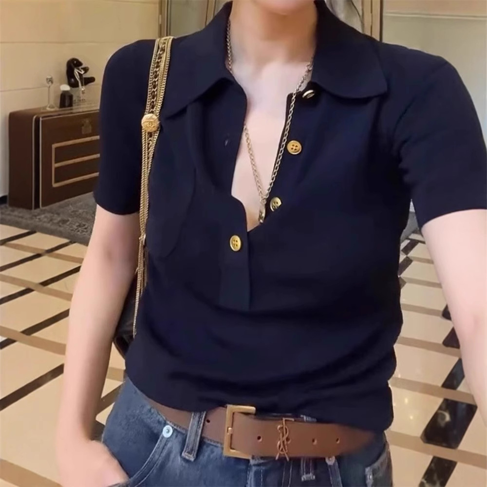 レディース ポロシャツ 金ボタン付き半袖ニットポロシャツ