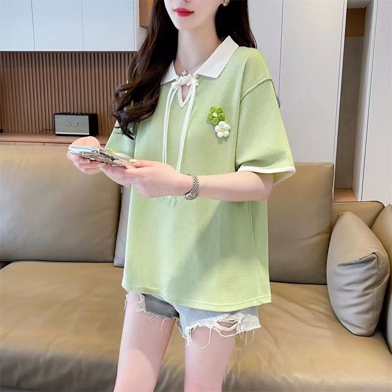 レディース ポロシャツ お花モチーフ付きリボン結び半袖ポロシャツニット