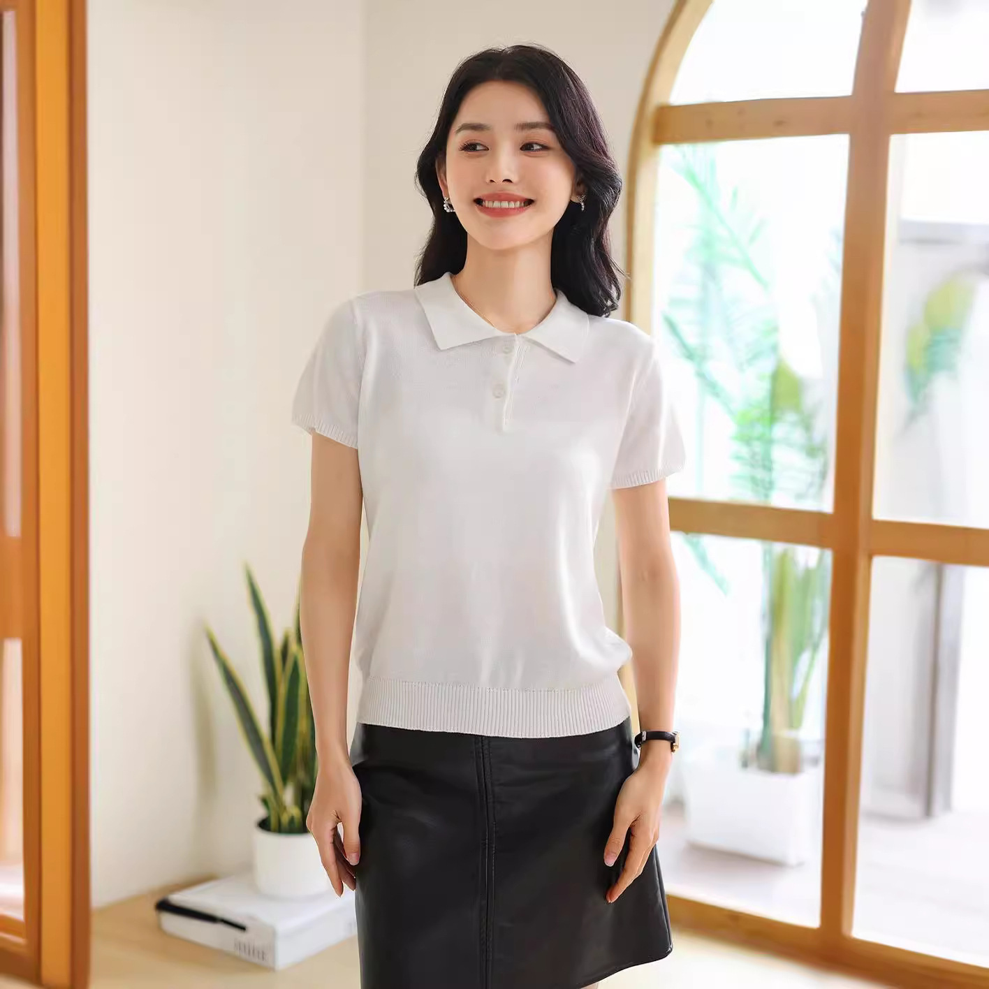 レディース ポロシャツ 上品ニット素材の襟付き半袖ポロシャツ
