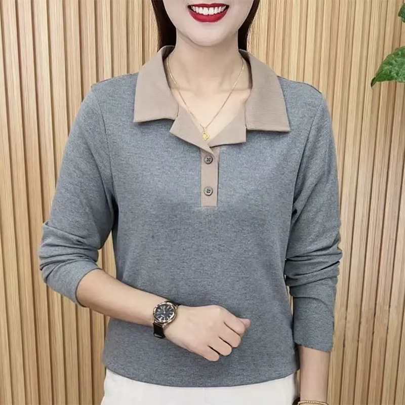 レディース ポロシャツ 配色襟デザイン長袖ポロシャツ