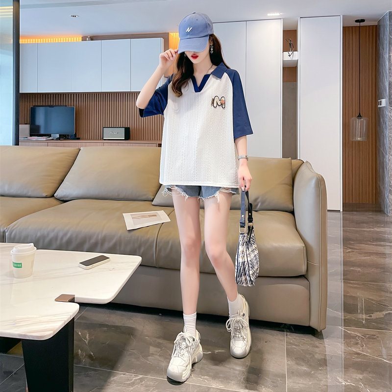 レディース ポロシャツ くまワッペン付き配色切替襟元デザイン半袖トップス