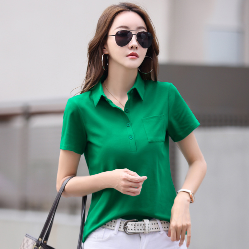レディース ポロシャツ 上品な襟付き胸ポケット付きカジュアル半袖