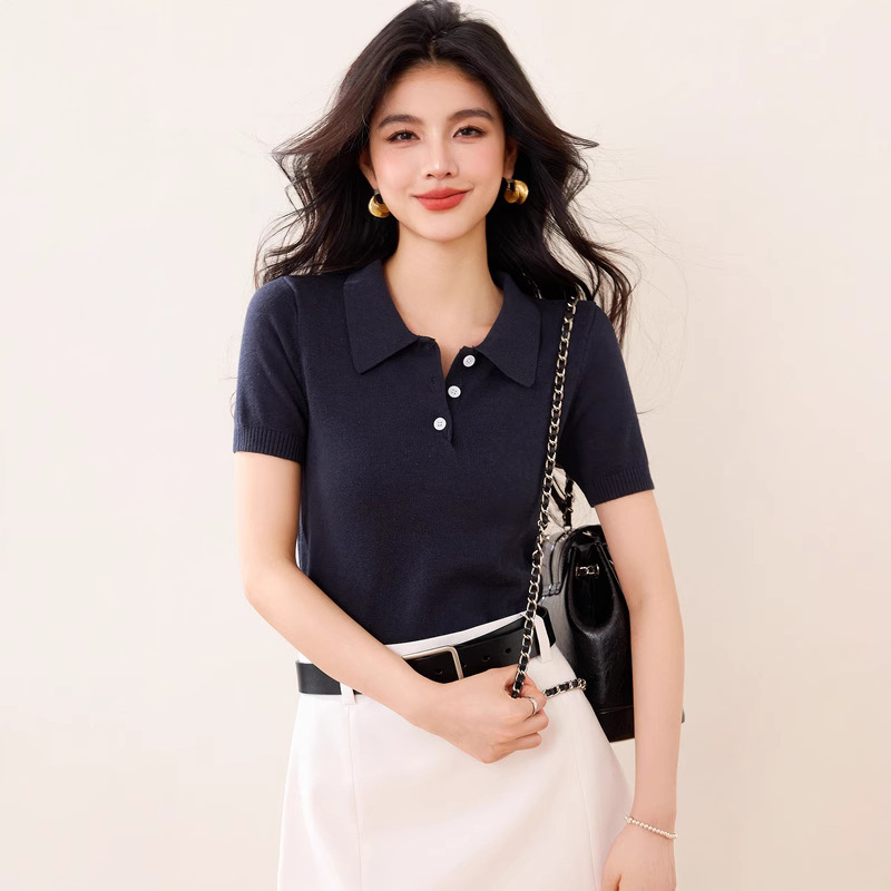 レディース ポロシャツ ニット素材襟付きボタンデザイン半袖トップス