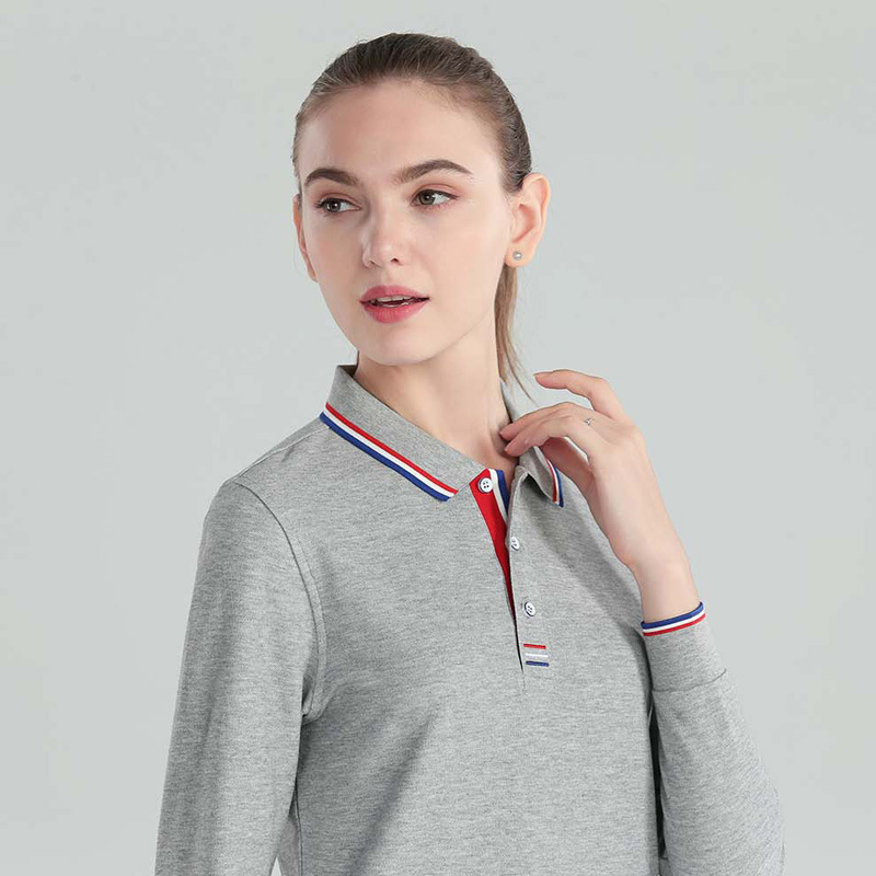 レディース ポロシャツ 配色ラインデザイン襟元きれいめレディース長袖ポロシャツ