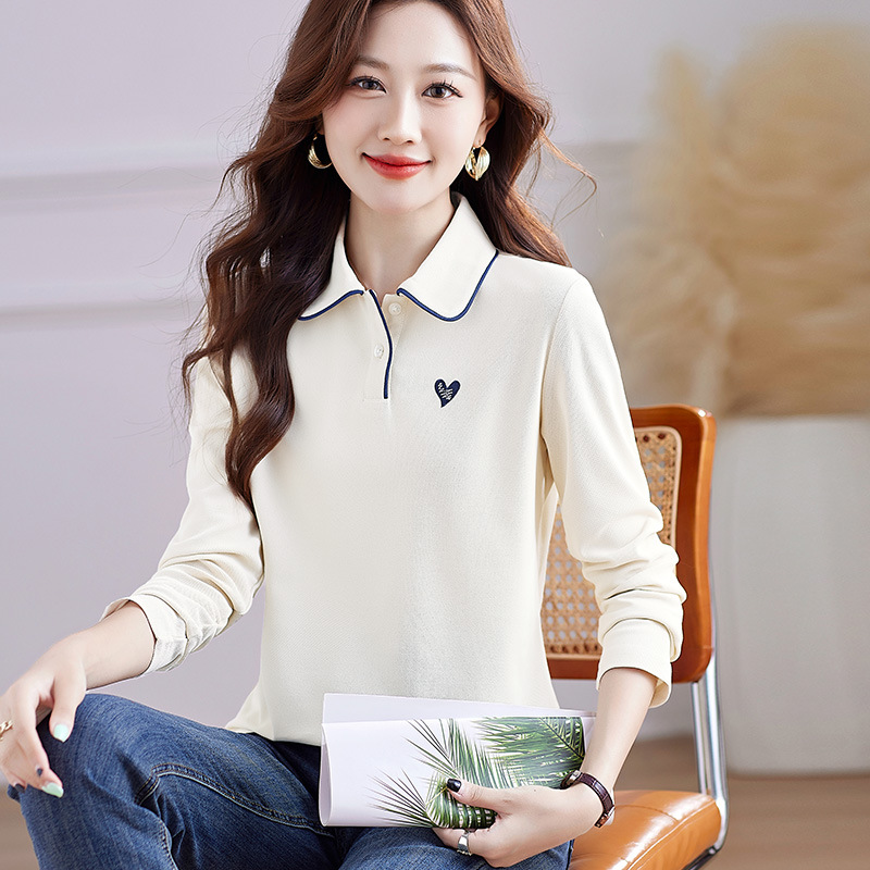 レディース ポロシャツ 襟配色パイピング刺繍ワンポイント長袖ポロシャツ