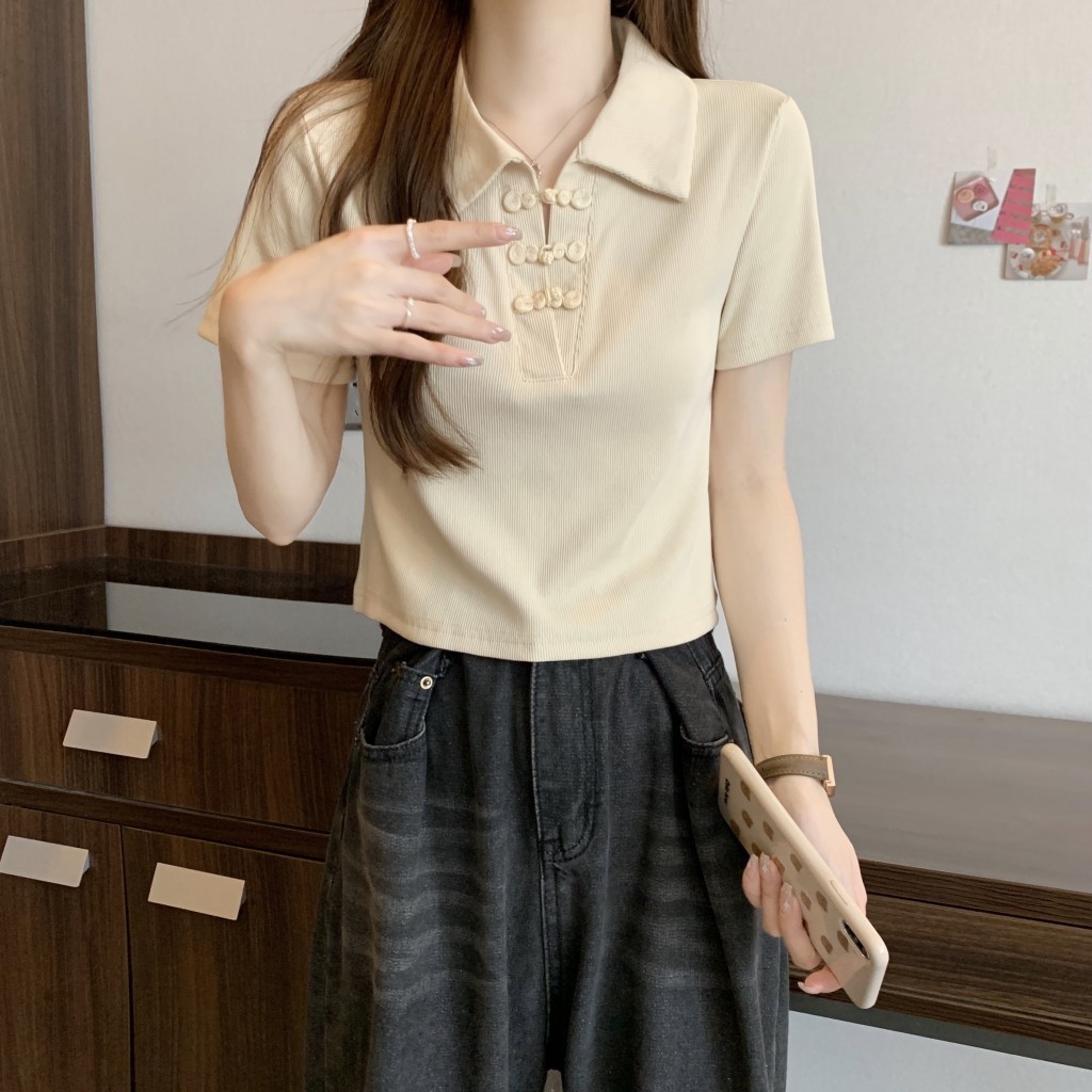 レディース ポロシャツ 編み上げデザインリブ素材襟付き半袖トップス