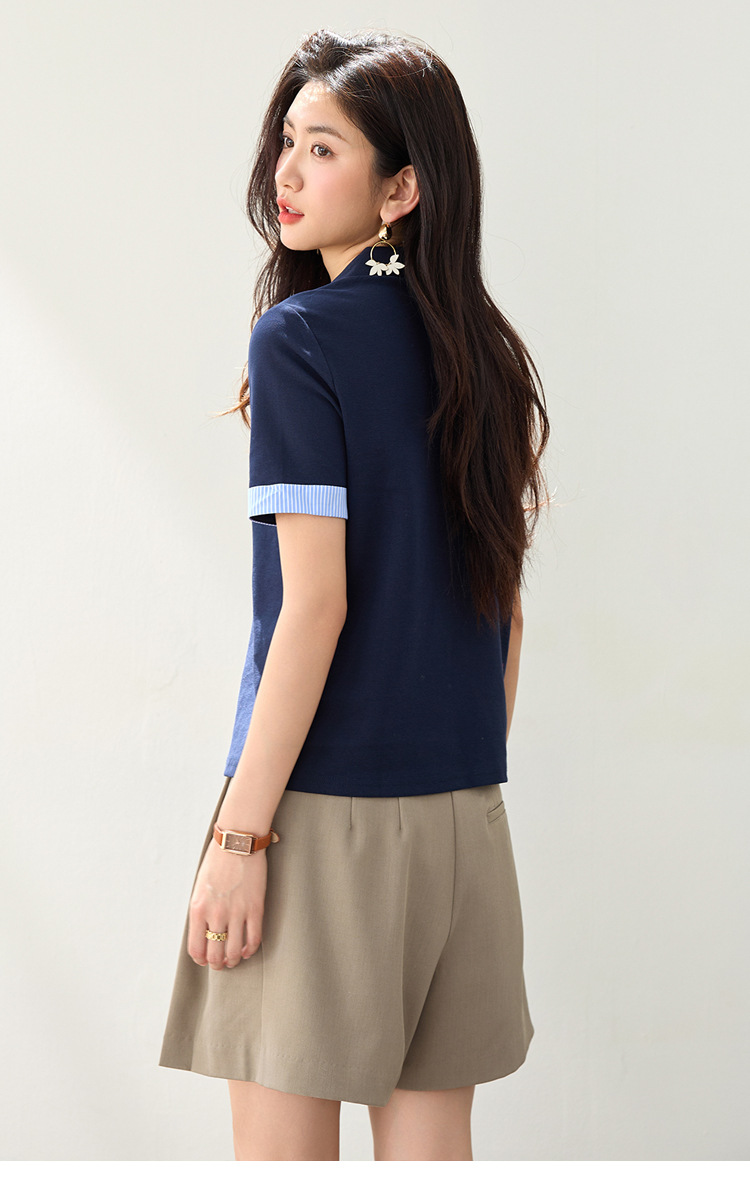 レディース ポロシャツ 配色ハート刺繍入りストライプ袖口半袖ポロシャツ