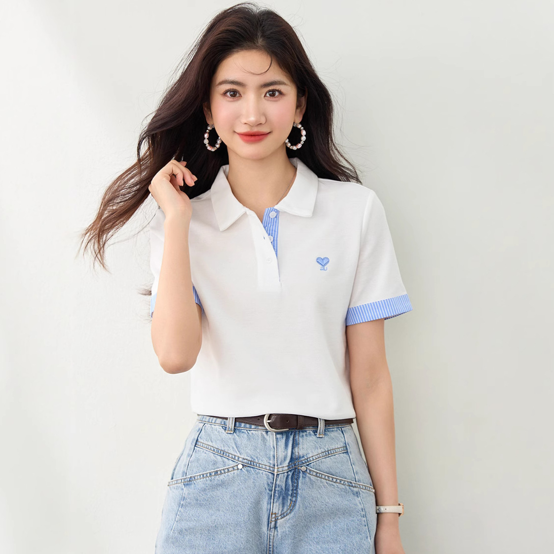 レディース ポロシャツ 配色ハート刺繍入りストライプ袖口半袖ポロシャツ
