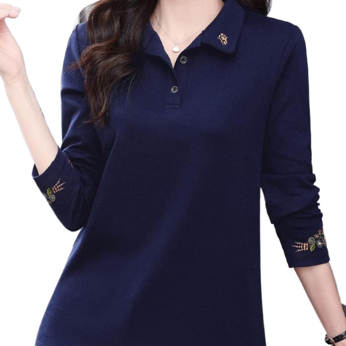 レディース ポロシャツ 襟元刺繍と袖口花柄刺繍入り上品長袖ポロシャツ