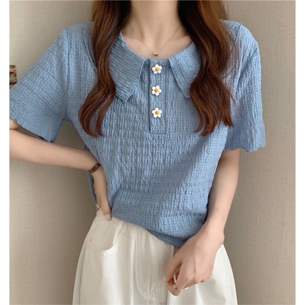レディース ポロシャツ 花モチーフボタン襟付きニット風半袖トップス