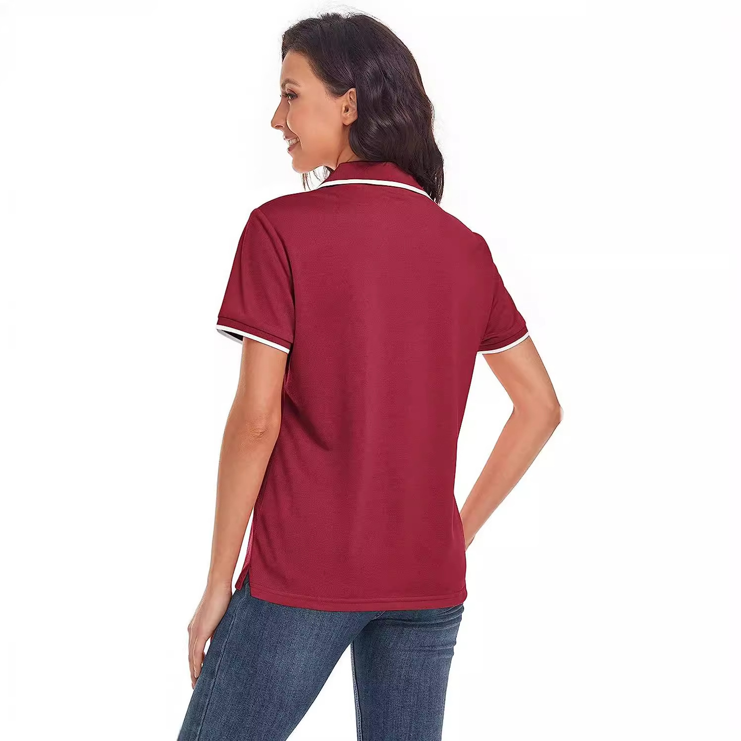 レディース ポロシャツ 配色ラインが映えるスポーティ鹿の子半袖ポロシャツ
