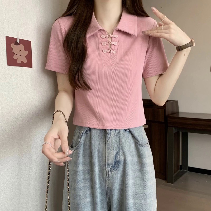 レディース ポロシャツ 編み上げデザインリブ素材襟付き半袖トップス