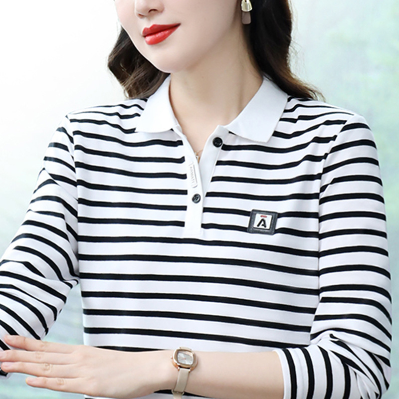 レディース ポロシャツ 上品なボーダー柄襟付き長袖ポロシャツ