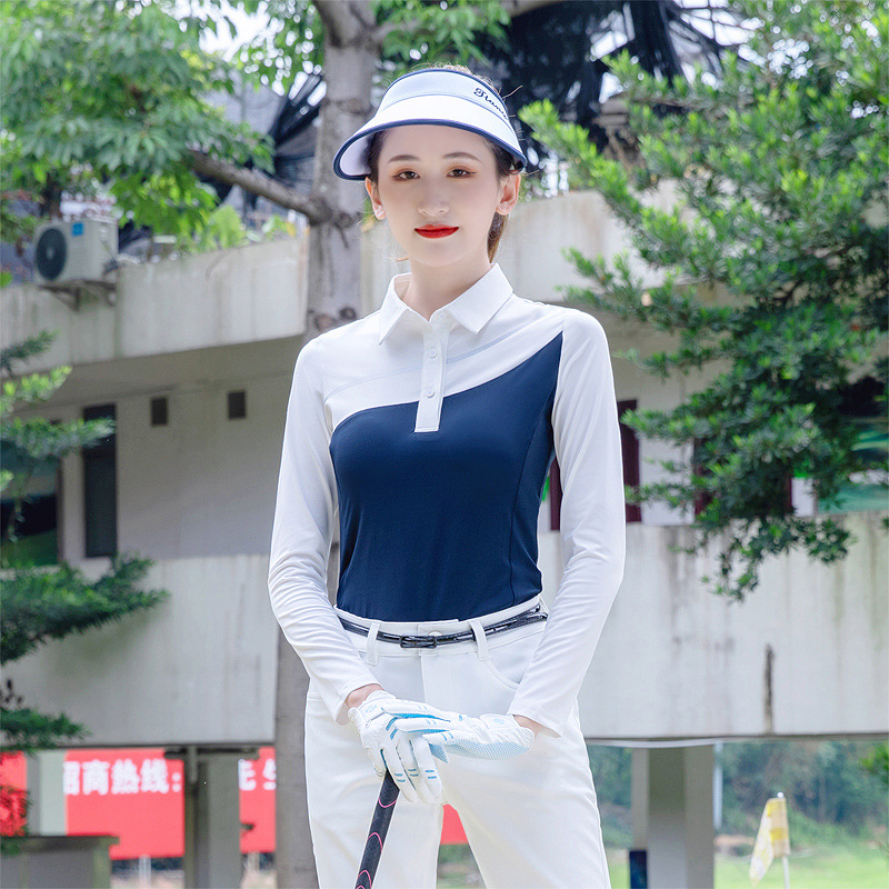 レディース ポロシャツ モダン切替デザイン運動用長袖襟付きシャツ