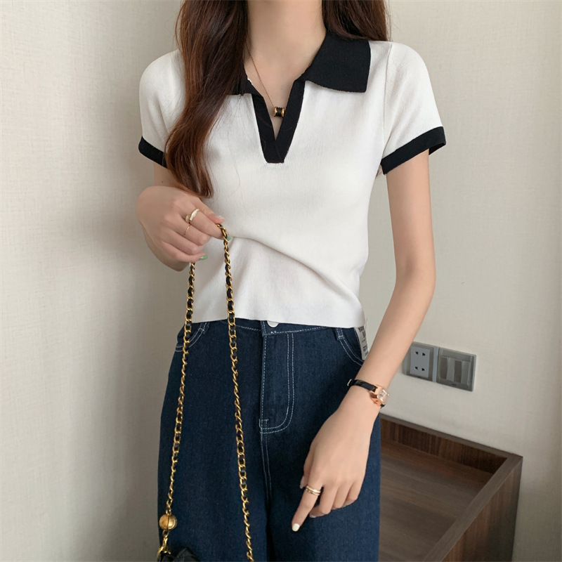 レディース ポロシャツ 配色デザイン襟付きニットポロシャツ半袖