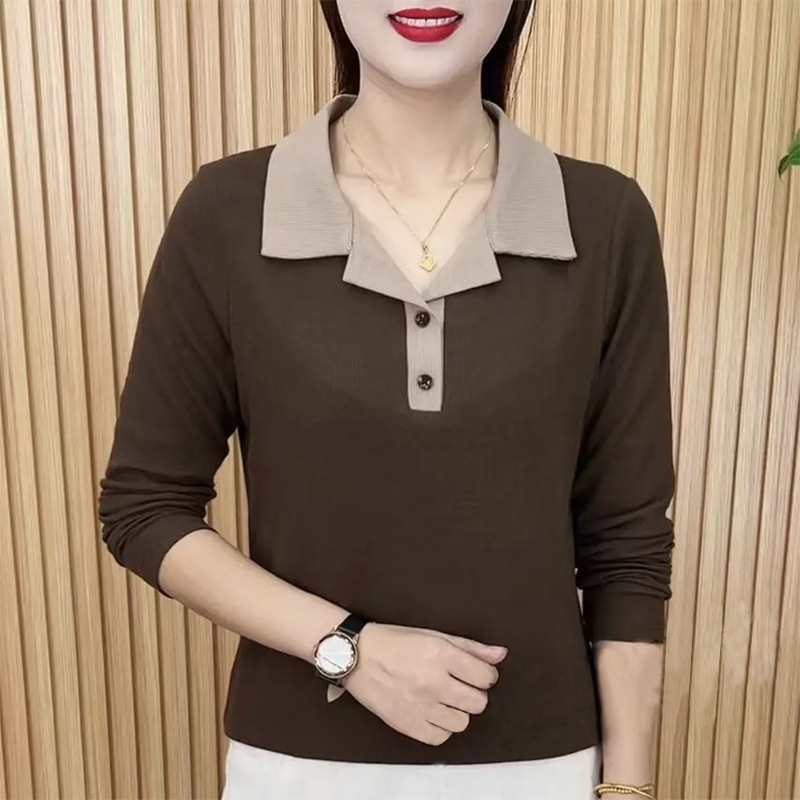 レディース ポロシャツ 配色襟デザイン長袖ポロシャツ